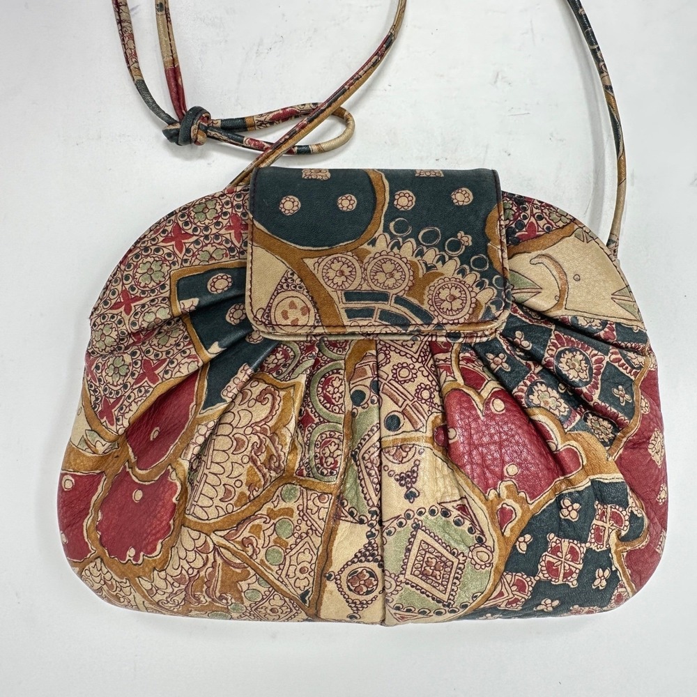 Lisette Vintage Paisley Leather Crossbody Bag Multicolor Mosaic Floral Boho 80s - Picture 3 of 12